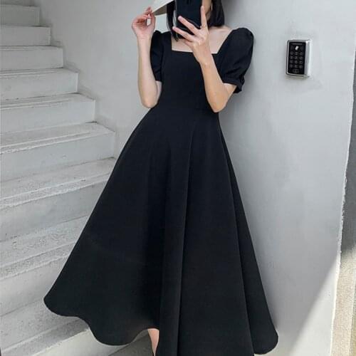 Puff Sleeve Dresses 2021 Summer Solid Fashion Office Lady Dress Plus Size Square Collar Female Dresses Chic Style Clothing