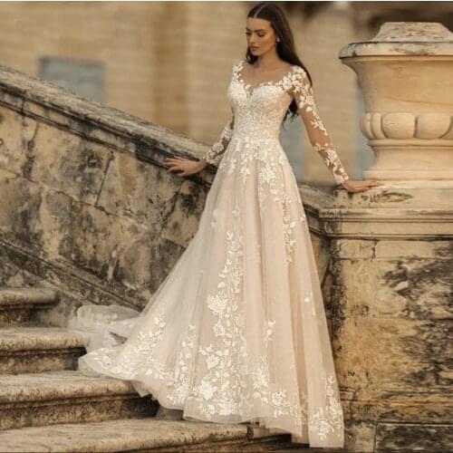 Long Sleeve Wedding Dresses 2021 A-Line Sheer O-Neck Lace Appliques Backless Sweep Train Vintage Bridal Gown Vestidos De Noiva