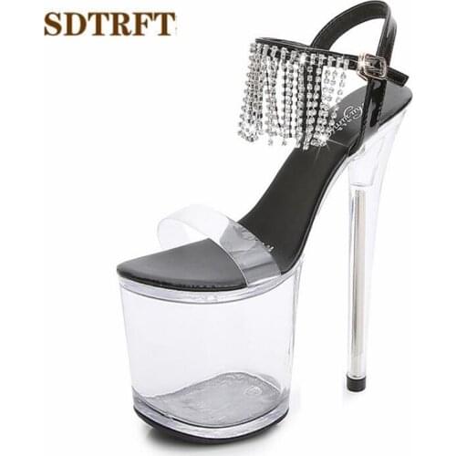 SDTRFT Transparent Stilettos zapatos mujer 20cm thin heels platform diamond Tassels sandals RED shoes woman Party Dance pumps