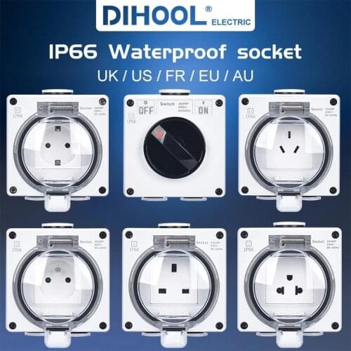 American French European Standard Outdoor Waterproof IP66 Socket US EU UK FR AU Weatherproof Wall Power Garden Sockets Australia