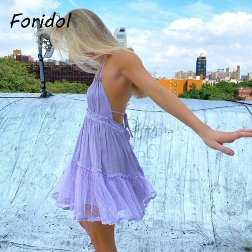 Vintage Beige Mesh Dress Summer Women Polka Dot Dress Casual Holiday Boho Beach Dress Vestidos Backless Sundress Lace Up Dress