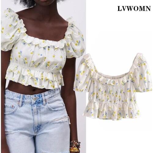 LVWOMN Za Women Blouse Top 2021 Summer Pleated Ruffles Casual White Printed Hollow Blouse Chic Short Sleeve Femme Shirt Tops