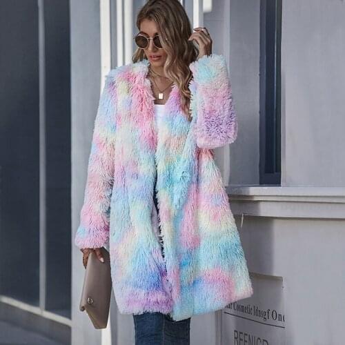 Irregular Dyeing Rainbow Plush Trench Coat For Women Clothes Autumn Long Coat 2021 Fashion Casual Loose Open Chest Lady Jackets