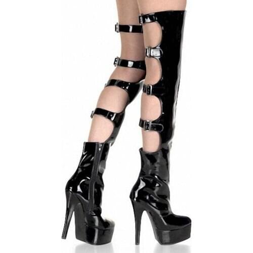 Moraima Snc Newest Platform High Heel Boots for Woman Black Patent Leather Back Buckle Strap Over the Knee Boots Stage Shoes