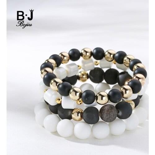 Bojiu Women Jewelry Black White Gold Bead Mixed 4pcs/set Women Men 10mm Black Druzy Bead Bracelets Stack BCSET55