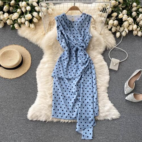 French Chic Style Polka Dots Ruched Chiffon Dress Women Summer Slim Waist Ruffled Tank Dress
