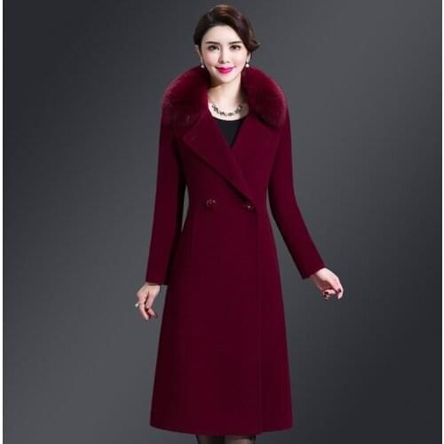 Winter 2018 mothers style woolen womens middle and long style Korean imitation fox fur collar double-faced cashmere overcoat