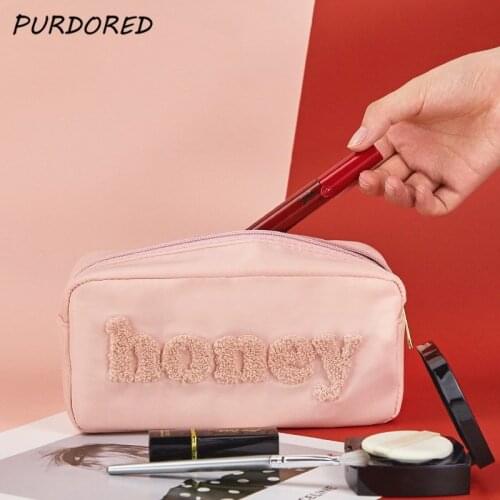PURDORED 1 Pc Women Pink Make Up Bag Embroidered Letter Cosmetic Bag Travel Large Capacity Zipper Nylon Storage Bag Organizer