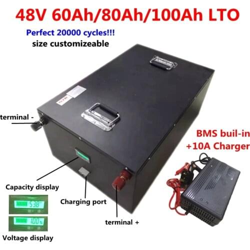 20000 cycles LTO 48V 60Ah 80Ah 100Ah Lithium Titanate Battery with BMS for inverter solar panel energy storage RV+10A Charger