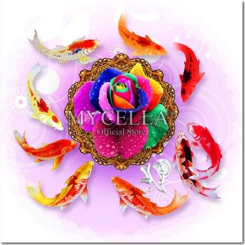 5d Diy Diamond Painting Cross Stitch Fish & Rose Flowers Needlework Full Round Diamond Embroidery Mosaic Home Decor Crafts Gift