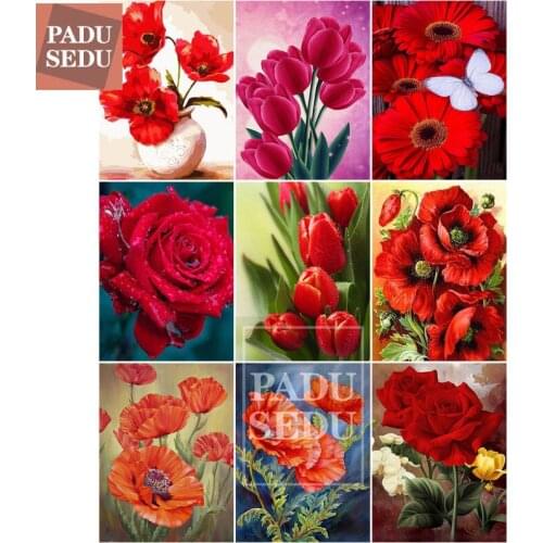 5D Diamond Painting Red Flowers Diamond Embroidery Flower Rose Rhinestones Mosaic Full Round Cross Stitch Crystal Art Home Decor