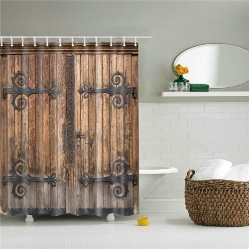 Arab vintage Old Wooden Door Shower Curtains Wood Stripd Bathroom Bath Decor Screen Waterproof Cloth Hanging Hooks Curtain Set