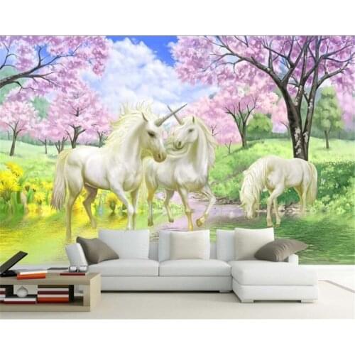 Beibehang Custom 3D Mural Wallpaper Unicorn Dream Cherry Blossom TV Childrens room Background papel de parede Wall 3d Wallpaper