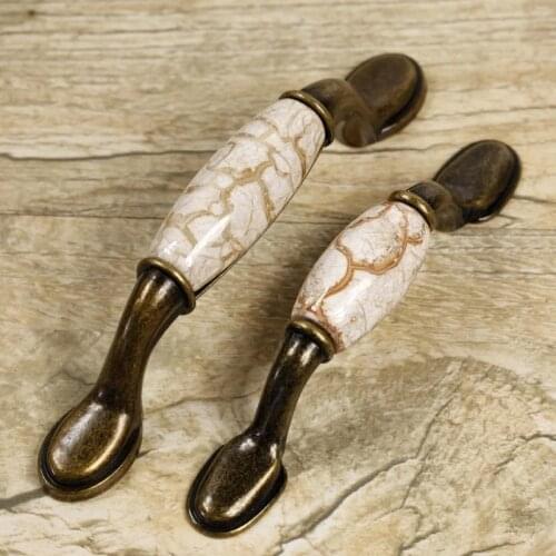 Free shipping European antique wardrobe handle Long flat Bronze Ceramic Drawer cabinet pulls Golden crack furniture knobs76/96mm
