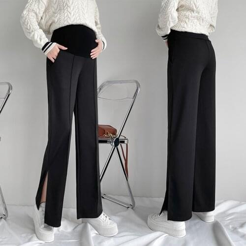 Pregnant womens pants spring and autumn loose large size split cotton wide-leg pants fashion net red high-waist straight-leg pa