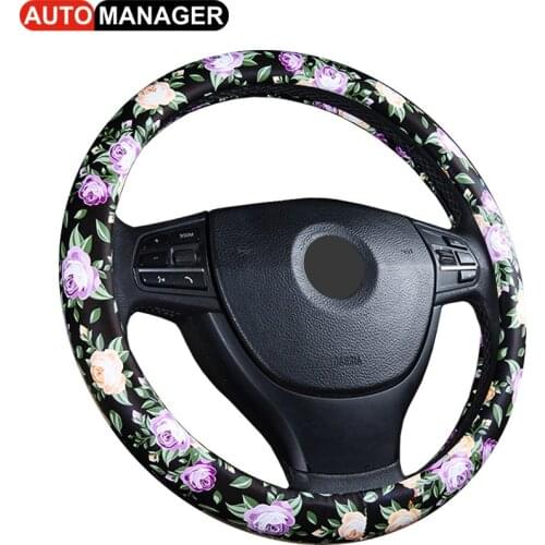 Car Steering Wheel Cover Universal Pu Leather Steering-Wheel Covers for Most Cars 15 inch 38 cm Steering Wheel Rose Pattern