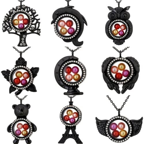 Black Rhinestone Necklace Glass Living Memory Photo Locket Pearl Cage Pendant 50cm Steel Chain Necklace