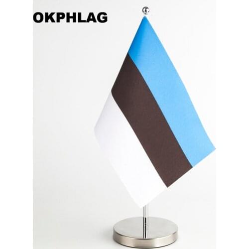 Estonia Office table Flag with Stainless flagpole base country banners desk flag 14*21CM T style Y style Single style KS-0013