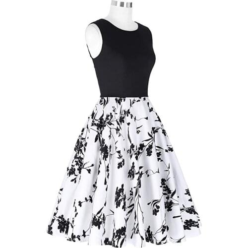 FEECOLOR Round Neck Stitching Retro Hepburn Style Print Sleeveless Slim Plus Size Dress
