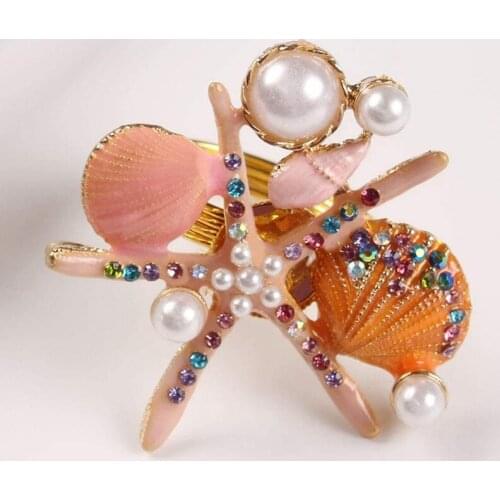 Hot 6 Pcs Starfish Napkin Rings Pearl Rhinestone Ocean Coastal Nautical Napkin Ring Holders Napkin Buckle for Party