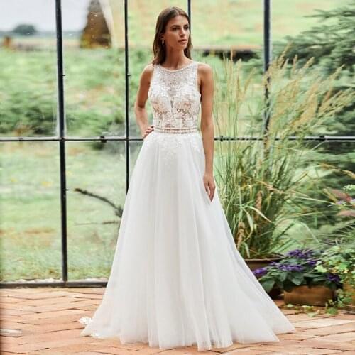 Exquisite Scoop Beaded Beach Wedding Dresses Sexy A Line AppliquesTulle Bridal Gowns Custom Made Robes De Mariage