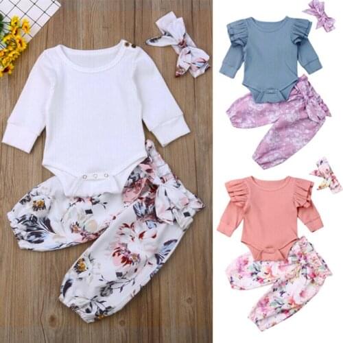 New Infant Baby Girl Clothes Headband And Romper Top And Floral Pants Legging Outfit Baby Spring Autumn Clothing 0-24M