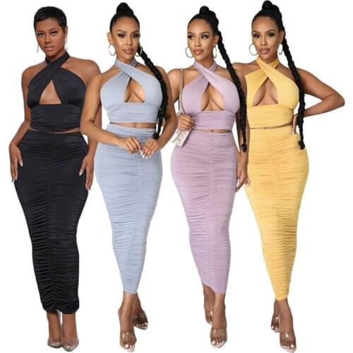 2 Piece Set African Women Solid Color Sleeveless Backless Sexy Night Club Suit Lady 2021Summer Fashion Outfits Africa Clothing