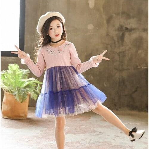 Cute Girls Pink Dress Autumn Winter New Fashion Embroidered Flower Blue Tutu Children Clothing Best Party Kids Girl Dress