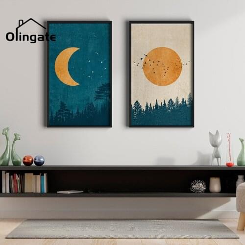 Nordic Forest Canvas Painting Vintage Moon Sun Posters and Prints Abstract Boho Landscape Wall Art for Living Bedroom Home Decor