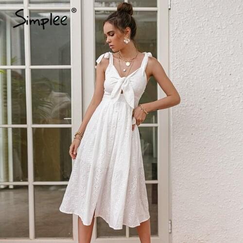 Simplee Sleeveless cotton embroidered V-neck dress White High Waist Mid-length A-line Dress Casual Womens summer holiday dress