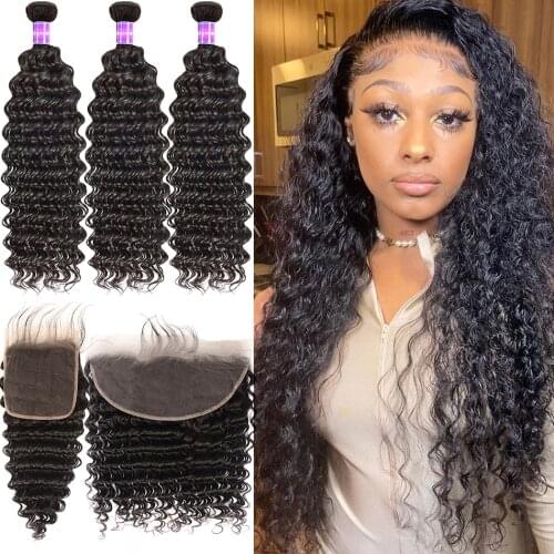 Deep Wave Human Hair Bundles With Frontal Brazilian Remy Hair 3 Bundles With Transparent Lace Closure Water Curly Budles Closure