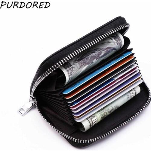 PURDORED 1 pc Solid Women Card Holder PU Leather Credit Card Holder Zipper Business Card Pocket Unisex Card Case travel wallet