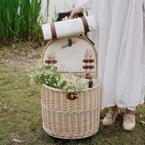Rattan Trolley Picnic Basket Natural Wicker Weaving Lunch Baskets Wheels Family Outing Trip Picnic Bento Storage High Capacity