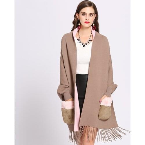 ZJZLL Women Contrast Fur Pocket Tassel Knitting Shawl Wrap Loose Plus Size Cardigan Poncho Cape With Sleeves Winter Sweater Coat
