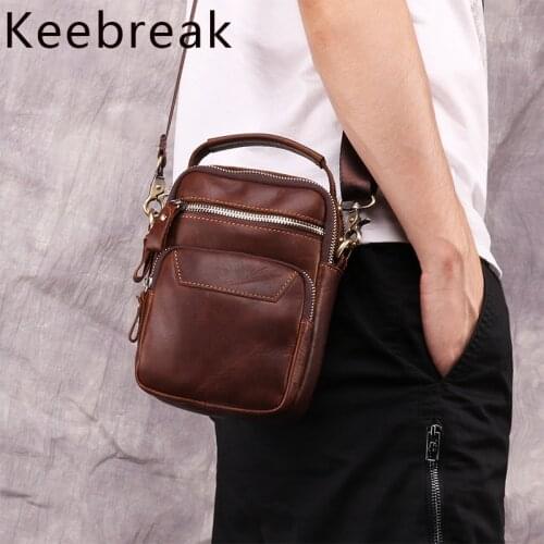 Keebreak Genuine Leather Shoulder Bags Cowhide Brand Bag High Quality Tote Cell Phones Holder Man Messenger Small Mens Bags