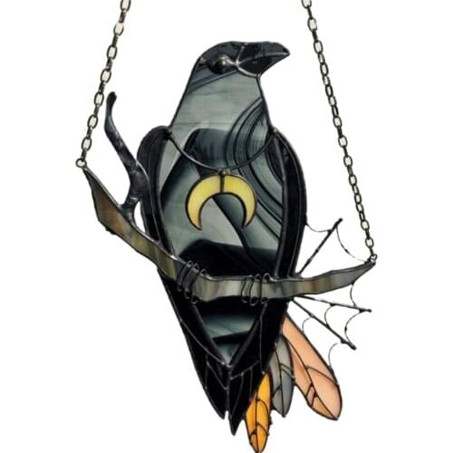 Mysterious Crow Witch Ornament Stained Suncatcher Black Bird with Moon Necklace Window Wall Hanging Pendant