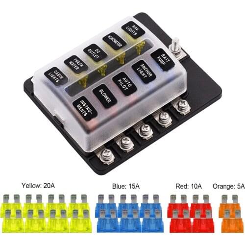 Universal 10-Way Car Standard Blade Fuse Box Holder Block LED Indicator 5/10/15/20A