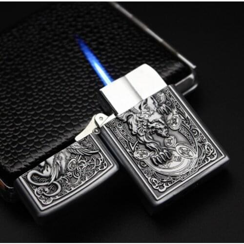 New Bronze embossed dragon Fun playing cards Butane inflatable gas Cigarette lighter jet Turbo torch flame cigar Smoking igniter
