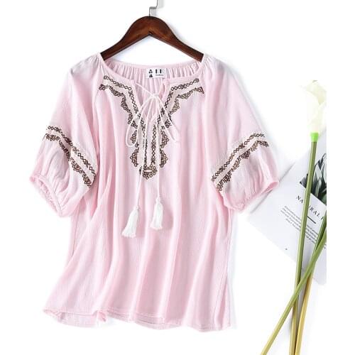 Ladies Fashion Bohemian Floral Embroidery Blouse Shirts Cotton Drawstring Half Lantern Sleeve Women Loose Summer Crop Tops