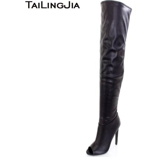 2018 Sexy Women Black Peep Toe Thigh Boots High Heel Over The Knee Boots Ladies Stilettos Long Boots Large Size Free Shipping