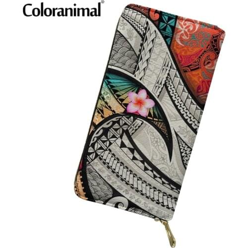 Coloranimal Ethnic Design Polynesian Tribal Plumeria Print Female PU Wallet Ladies Tote Credit Card Holder Coin Bag for Women