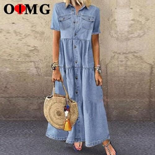 OIMG Button Up Pocket Print Denim Floral Dress Women Short Sleeve Blue Patchwork Casual Maxi Long Dresses Plus Size 4XL 10366