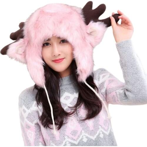 Winter Cosplay Furry Warm Trapper Hat Deer Antlers Fluffy Animal Earflap Cap X5XA
