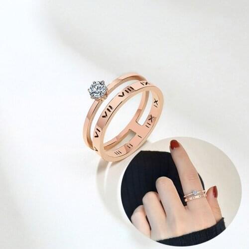 2 Layers Roman Numeral Crystal Ring Rose Gold Color Fashion Stainless Steel Jewelry Wedding Rings Birthday Gift Women