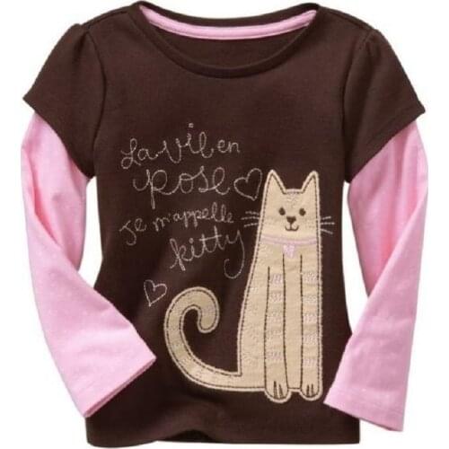 2020 Long Sleeve Brown Girls T-Shirts Embroidery Cat 100% Cotton Baby Girl Clothes 1-5Years Girl Tee Shirt Tops