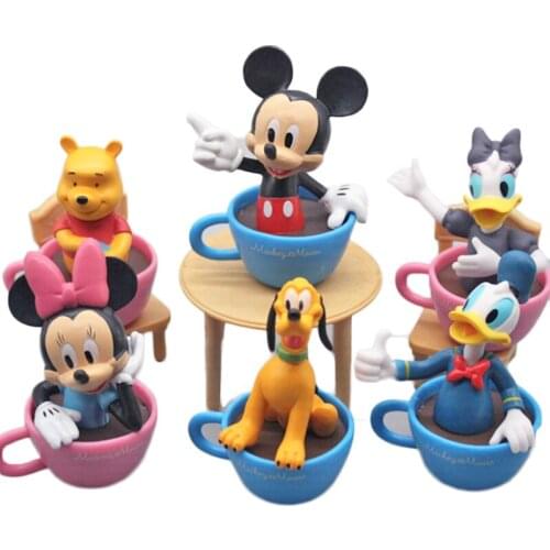 6PCS Disney Coffee Cup Mickey Mouse Donald Duck Mickey 7CM PVC Animal Figure Posture Decoration Kids Toy Birthday Gift Model