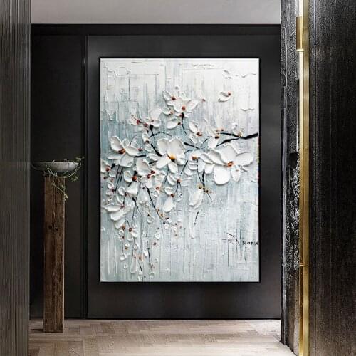 Abstract White Thick Knife Flower Oil Painting On Canvas Hand Painted Large Paintings For Interior Living Room Floral Painting
