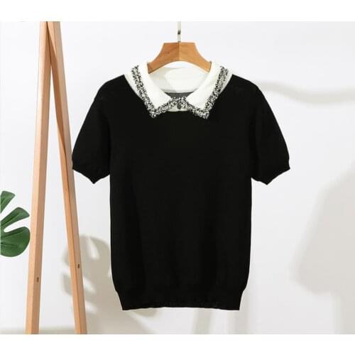 Baharcelin Women Girl Summer short Sleeve Pullovers turn down collar Knitted sweater Cute Sweet Knitwear Outwear Top jumper