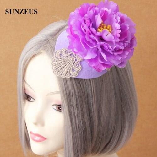 Big Purple Flowers Hat With Lace Fashion Small Berets Bridal Party Hats Festival Headwear FJ-09