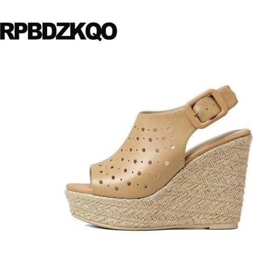 Fetish Peep Toe Wedge Sandals High Heels Platform Shoes Rope Women Brown Genuine Leather Slingback Pumps Famous Brand Strap Hole